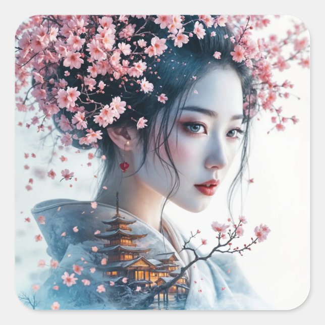  Geisha portrait, cherry blossoms, Japanese art, Quadratischer Aufkleber (Vorderseite)