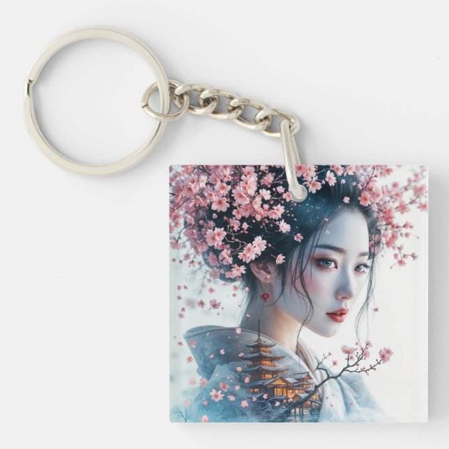  Geisha portrait, cherry blossoms, Japanese art, Schlüsselanhänger (Vorderseite)