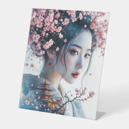 Geisha portrait, cherry blossoms, Japanese art, Sockelschild