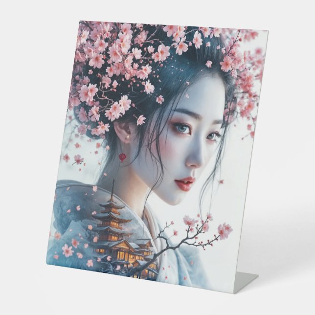  Geisha portrait, cherry blossoms, Japanese art, Sockelschild (Vorderseite)