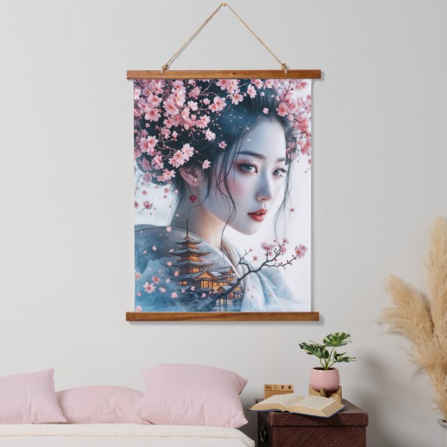  Geisha portrait, cherry blossoms, Japanese art, Wandteppich Mit Holzrahmen (Schlafzimmer)