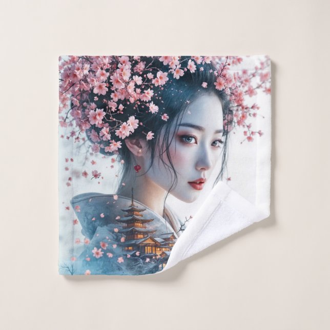  Geisha portrait, cherry blossoms, Japanese art, Waschlappen (Waschlappen)