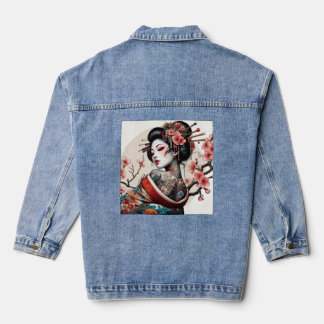 Geisha Portrait Denim Jacket | Floral Back Art Jeansjacke