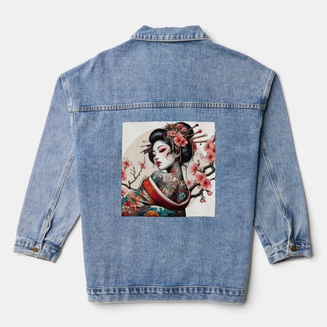 Geisha Portrait Denim Jacket | Floral Back Art Jeansjacke (Rückseite)