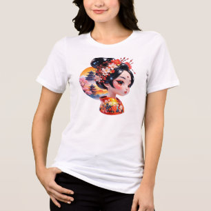 Geisha-Porträt Japanischer Blumen Tempel Sonnenunt Tri-Blend Shirt