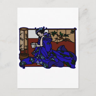 Geisha Reading in Blue Kimono Postkarte