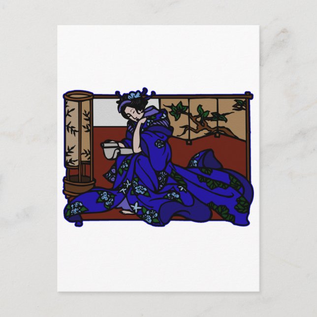 Geisha Reading in Blue Kimono Postkarte (Vorderseite)