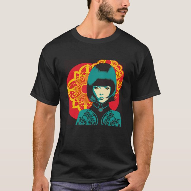 Geisha Retro Female Kimono Samurai Japanischer Vin T-Shirt (Vorderseite)