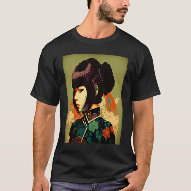 Geisha Retro Female Kimono Samurai Japanischer Vin T-Shirt (Vorderseite)