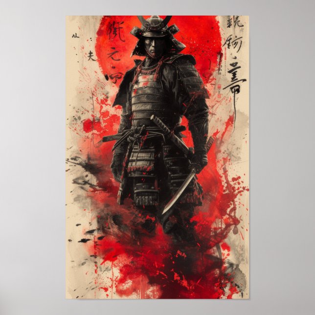 Geisha Samurai Poster in Schwarz und Rot (Vorne)