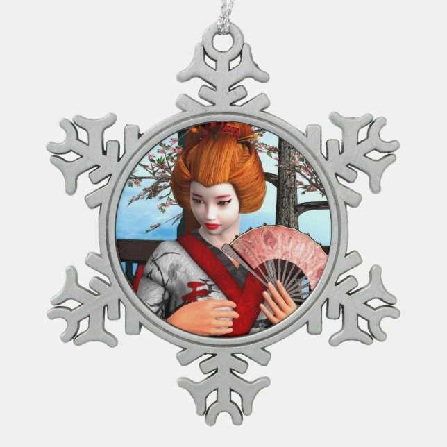 Geisha Schneeflocken Zinn-Ornament (Vorderseite)