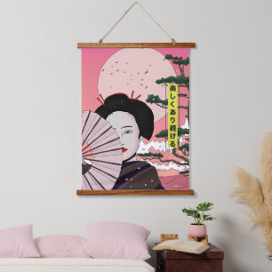 Geisha Sei schön japanischer Manga-Stil japanisch  Wandteppich Mit Holzrahmen