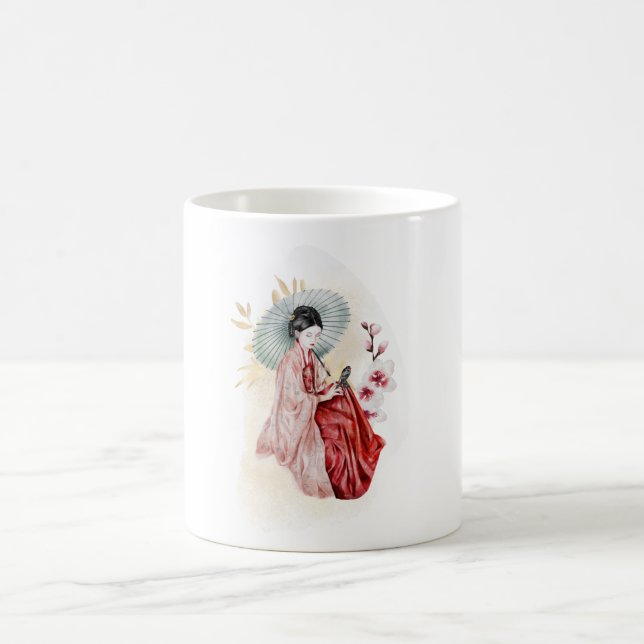 Geisha sitzt in der Nähe eines goldenen Bambus Kaffeetasse (Mittel)