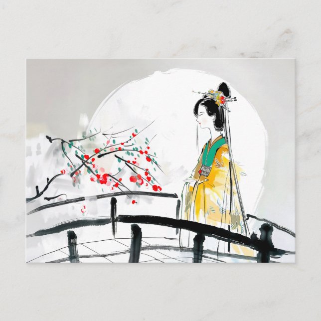 Geisha Stehend auf einer Brücke Postkarte (Vorderseite)