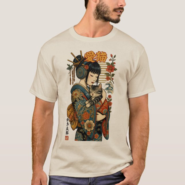 Geisha und Cat - Japanisches Blumenkohl T-Shirt (Vorderseite)