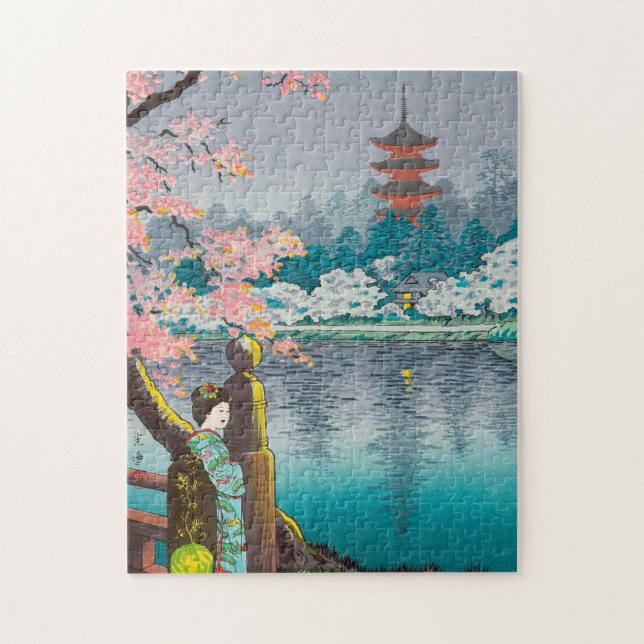 Geisha und Cherry Tree Ueno Park japanische Landsc Puzzle (Vertikal)
