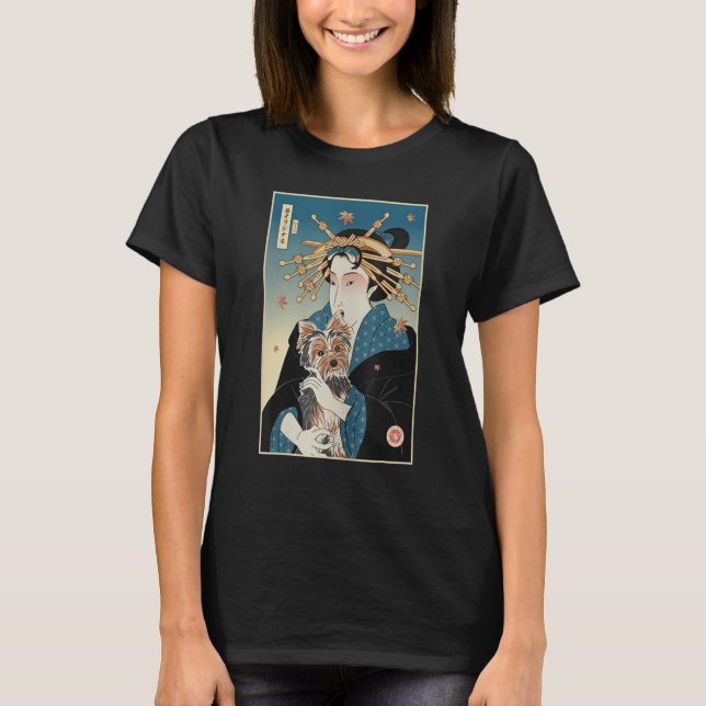 Geisha und Dog Yorkshire Ukiyo E Warrior Samurai Y T-Shirt (Vorderseite)