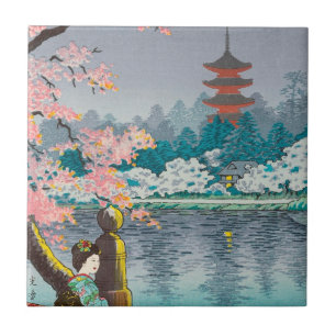 Geisha und Kirschbaum, Ueno Park japanische Landsc Fliese
