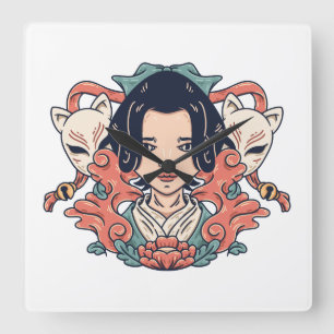 Geisha und Kitsune Quadratische Wanduhr