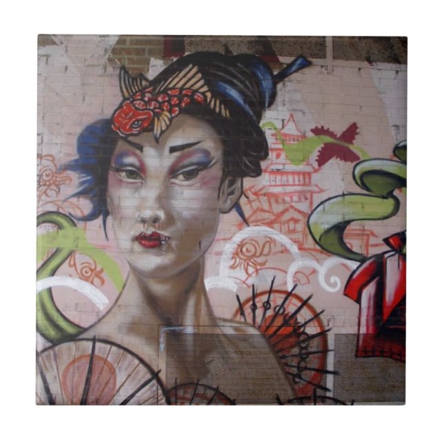 Geisha Urban Graffiti Street Art Fliese (Vorderseite)