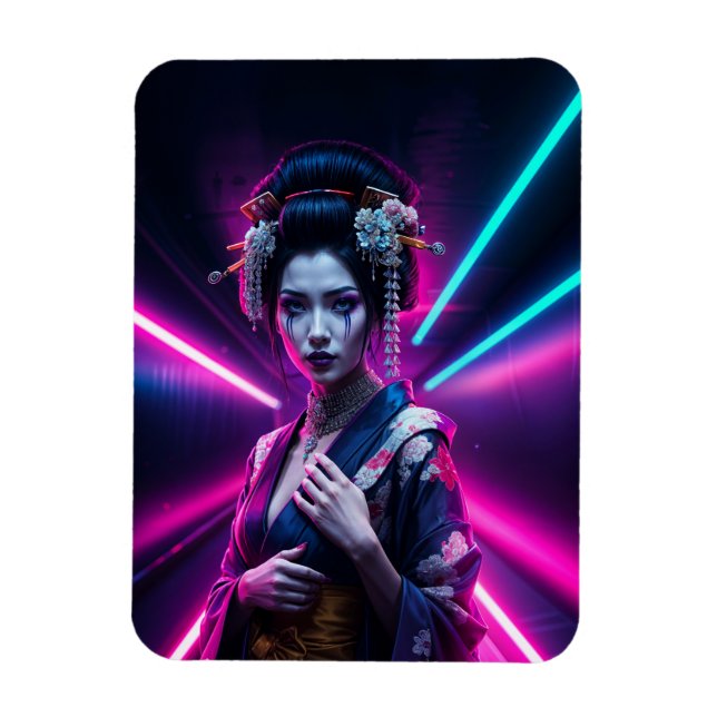 Geisha with Neon Background - Fridge Magnet Art (Vertikal)
