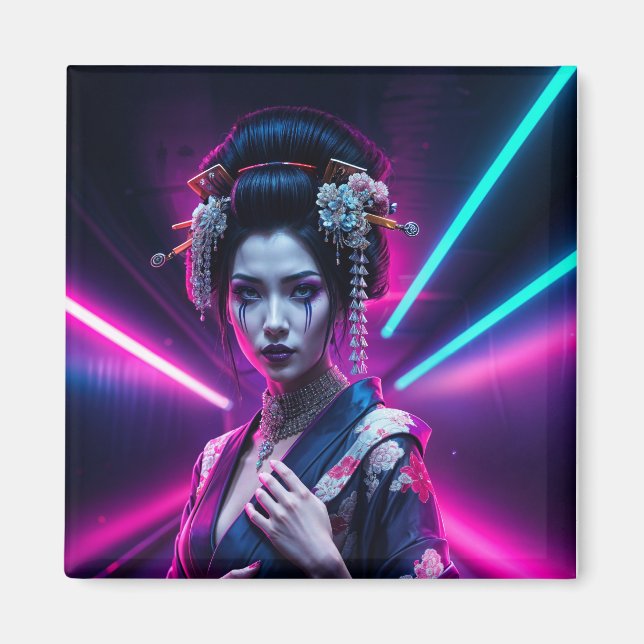 Geisha with Neon Background - Fridge Magnet Art (Vorne)