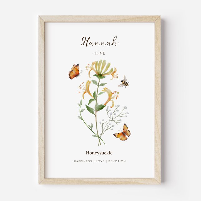 Geißblatt-Geburtsmonats-Blumenposter Poster (Example of honeysuckle birth flower poster once framed. )