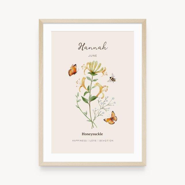 Geißblatt-Geburtsmonatsblumenposter Poster (Example of honeysuckle birth flower poster once framed. )