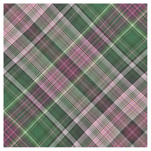 Geißblatt rosa und dunkelgrüner Tartan Stoff (Nahaufnahme)