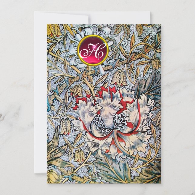 GEISSBLATT Rote Ruby-Monogramm Champagner-Metallis Einladung (Vorderseite)