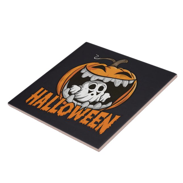 Geist, der aus einem riesigen Halloween-Kürbis her Fliese (Seite)