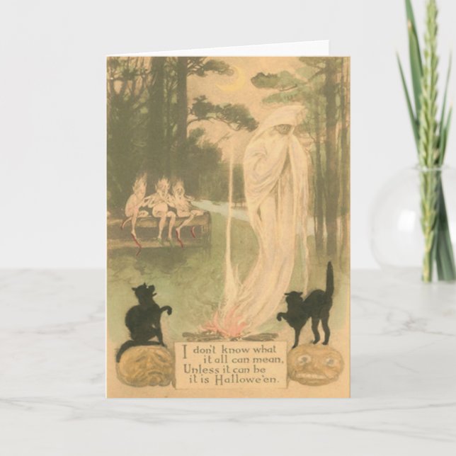 Geist-Kürbislaterne-schwarze Katzen-Elfe Karte (Vorderseite)