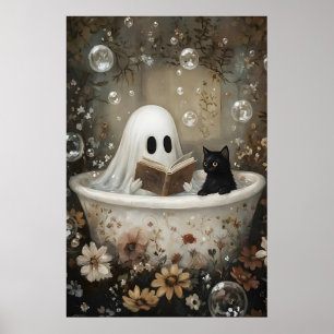 Geist lese Buch und schwarze Katze nimmt ein Bad Poster