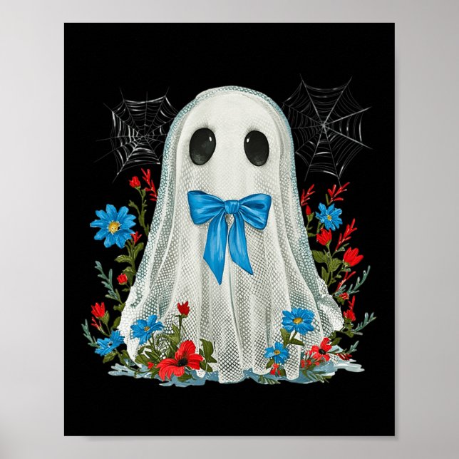 Geist mit blauem Bow-Coquette und Blume Halloween Poster (Vorne)