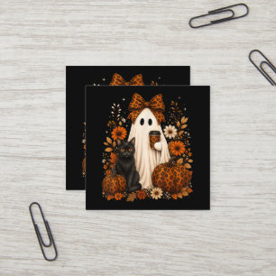 Geist mit Kaffee Schwarze Katze Halloween Quadratische Visitenkarte