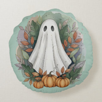 Geist mit Pumpkins und Herbstblättern Rundes Kissen