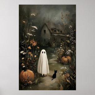 Geist mit schwarzer Katze in der Nacht – Spukhaus Poster