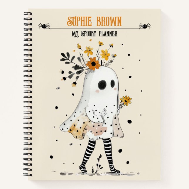 Geist mit Sonnenblumen & Name Whimsical Halloween Notizbuch (Vorderseite)
