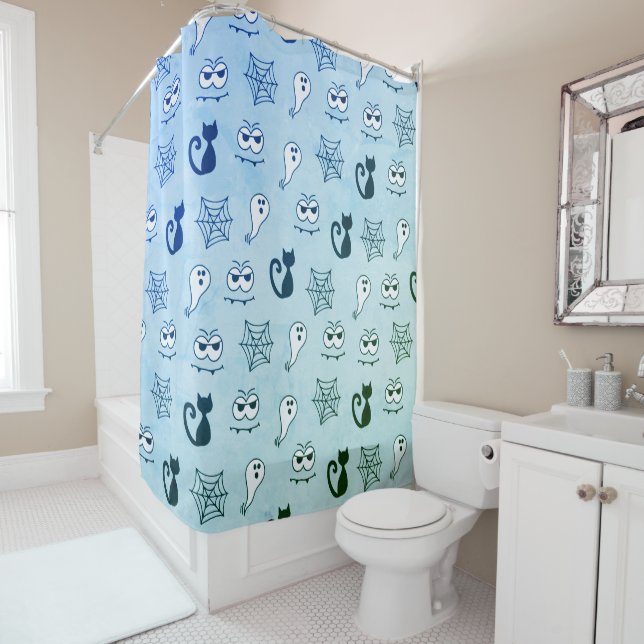 Geist, Spinnennetze und schwarze Katzen Blau Duschvorhang (Beispiel)