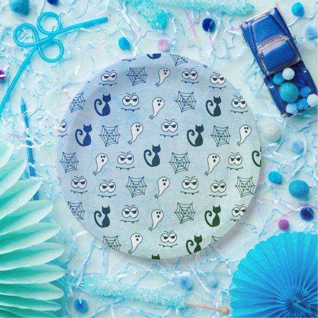 Geist, Spinnennetze und schwarze Katzen Blau Pappteller (Party)