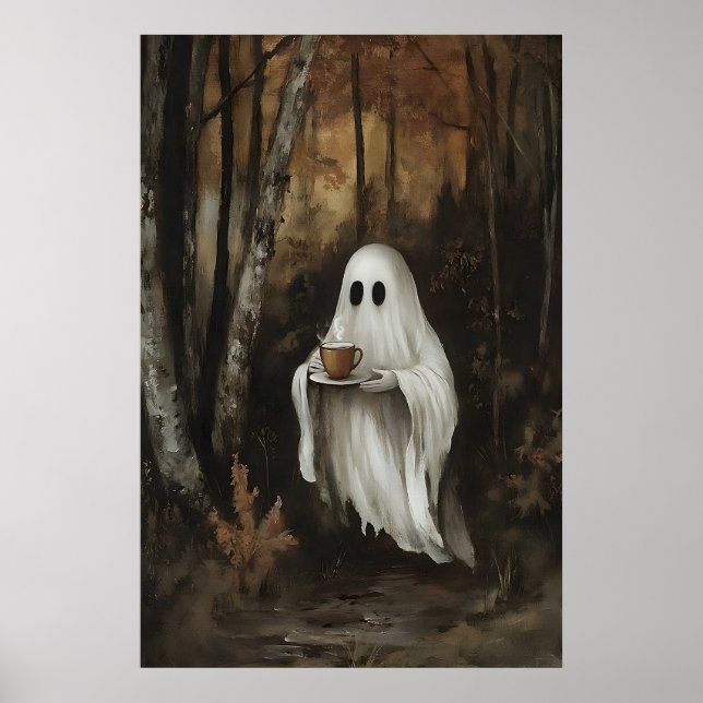 Geist trinkt Kaffee im Herbstwald-Druck, Geist Poster (Vorne)