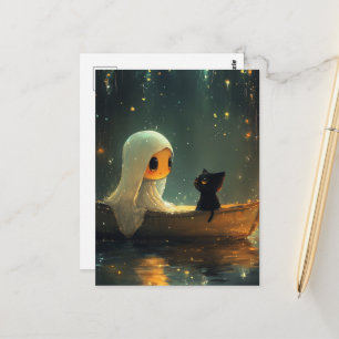 Geist und eine Katze in einem Boot Postkarte