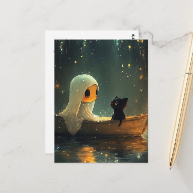 Geist und eine Katze in einem Boot Postkarte (Vorderseite/Rückseite Beispiel)