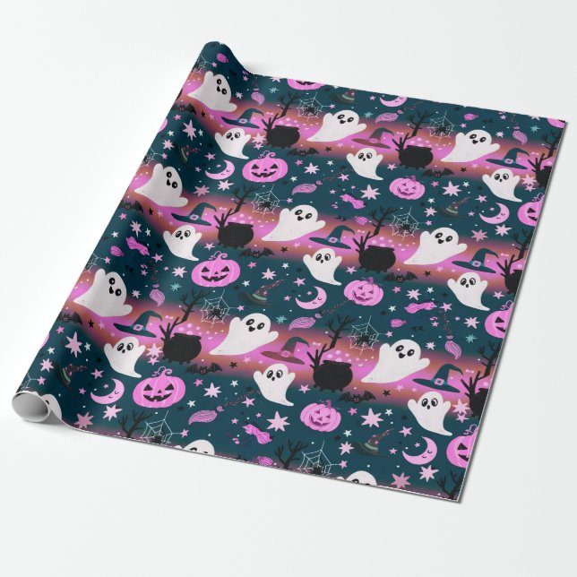 Geist und Kürbis Rosa und Blaues Muster Geschenkpapier (Ungerollt)