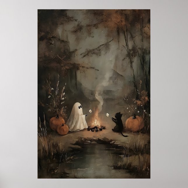 Geist und schwarze Katze am Lagerfeuer mit Marshma Poster (Vorne)