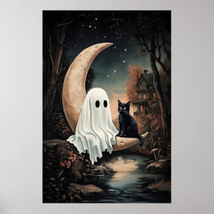 Geist und schwarze Katze fliegen auf einem Mond in Poster