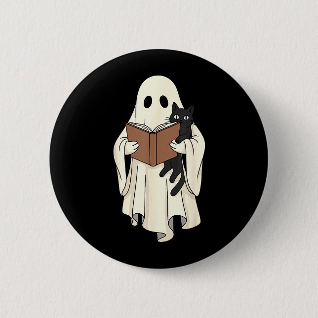 Geist und schwarze Katze lesen Halloween Button (Vorderseite)