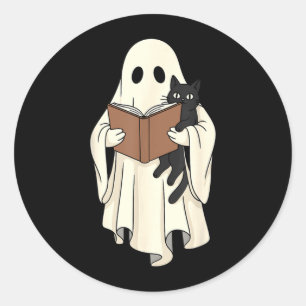 Geist und schwarze Katze lesen Halloween Runder Aufkleber