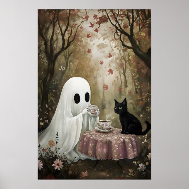 Geist und schwarze Katze trinken Tee im Herbst Poster (Vorne)