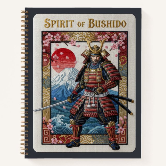 Geist von Bushido Bestickter Samurai & Mount Fuji Notizbuch (Vorderseite)